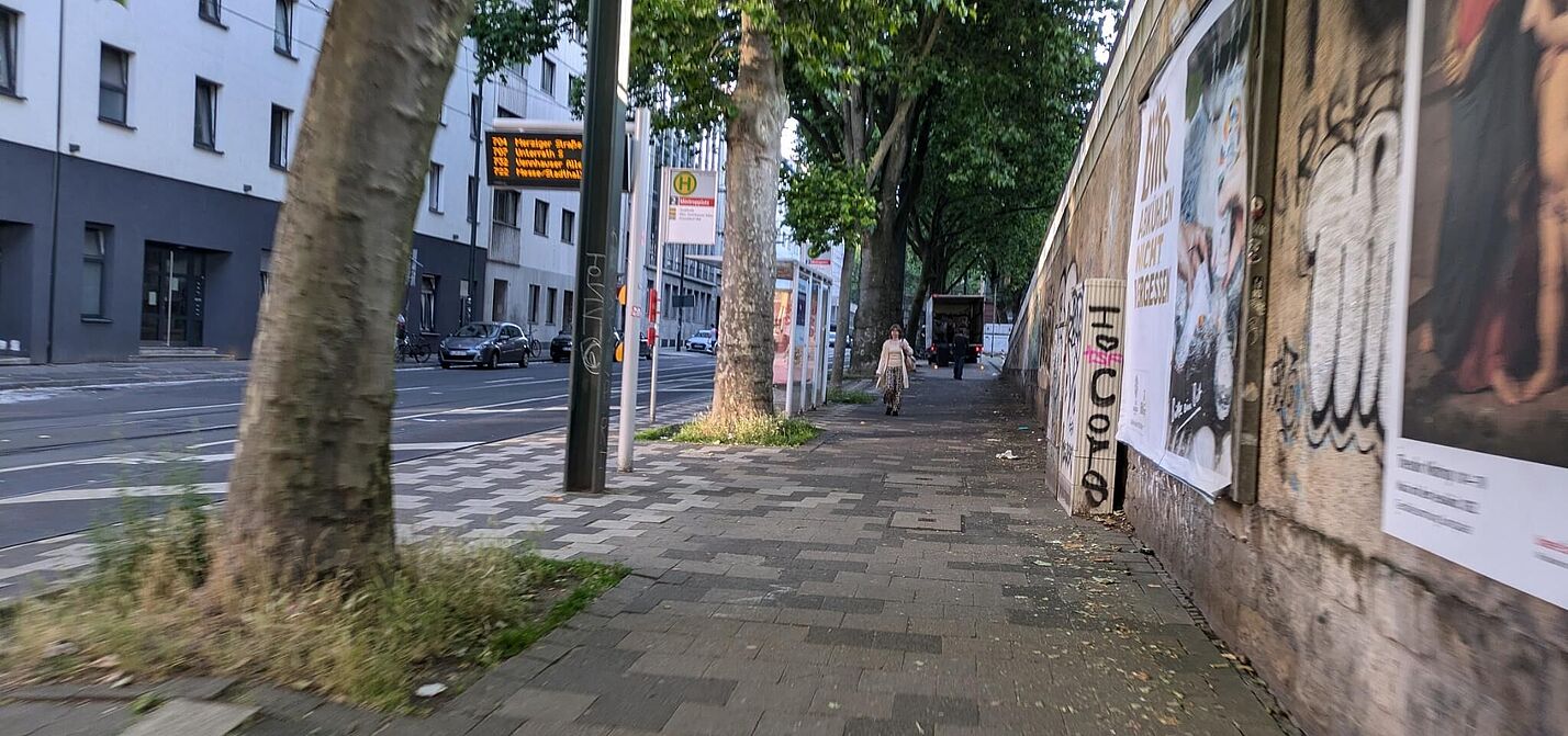 Das Bild zeigt die Haltestelle Mintropplatz (Fahrtrichtung Hbf) sowie den Gehweg zwischen der Haltestelle und den Bahndamm