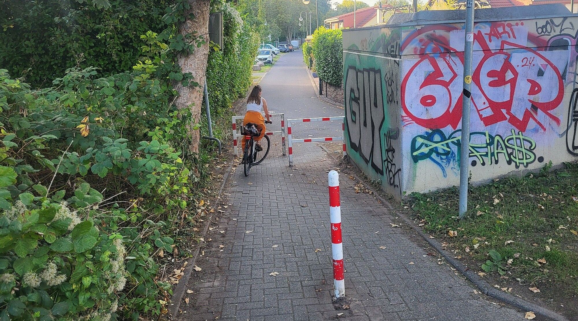Zu sehen ist der Verbindungsweg zwischen Zamenhofweg und Siedlerweg. Auf dem Weg ist sowohl ein Steckpfosten (Poller) als auch eine Umlaufsperre (Drängelgitter) angebracht.