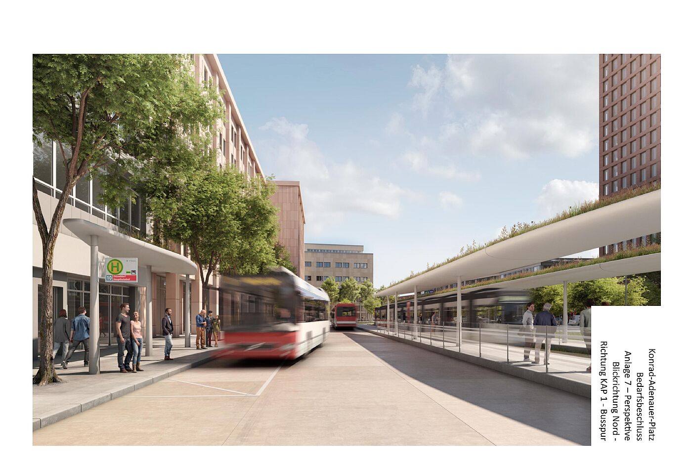 Das Bild zeigt eine Computersimulation von der zukünftigen Bushaltestelle mit ankommenden bzw. abfahrenden Bussen