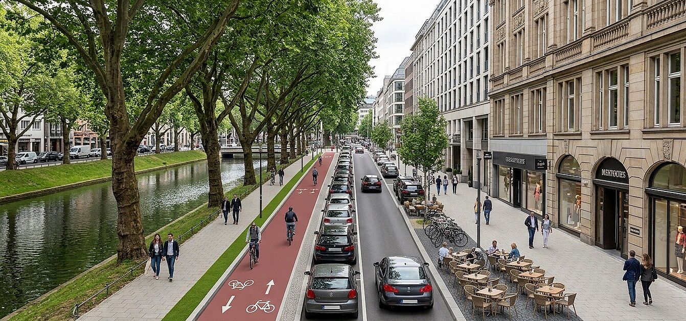 Das Bild zeigt eine KI generierte Version der Königsallee, wie die Aufteilung der Straße in Zukufnt aussehen soll. Von Links: Kö Graben, Gehweg, Grünstreifen, Bordsteinkante, Radweg, Parkplätze, Fahrbahn, Multifunktionsstreifen, Gehweg, Geschäfte