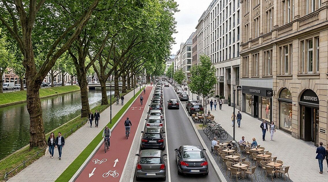 Das Bild zeigt eine KI generierte Version der Königsallee, wie die Aufteilung der Straße in Zukufnt aussehen soll. Von Links: Kö Graben, Gehweg, Grünstreifen, Bordsteinkante, Radweg, Parkplätze, Fahrbahn, Multifunktionsstreifen, Gehweg, Geschäfte