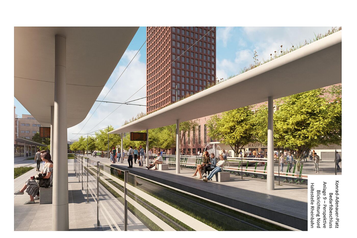 Das Bild zeigt eine Computersimulation der Straßenbahnhaltestelle. Zu erkennen ist eine Glaswand zwischen Haltestelle und Radweg.