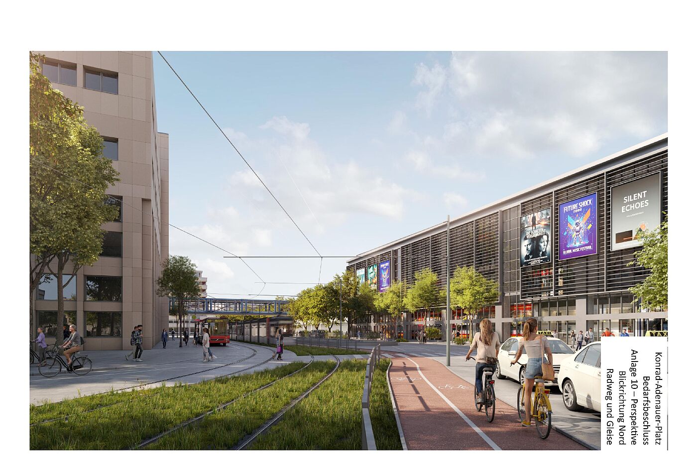 Das Bild zeigt eine Computersimulation wo der Radweg zwischen Bahngleisen und Taxiplätzen geführt wird.