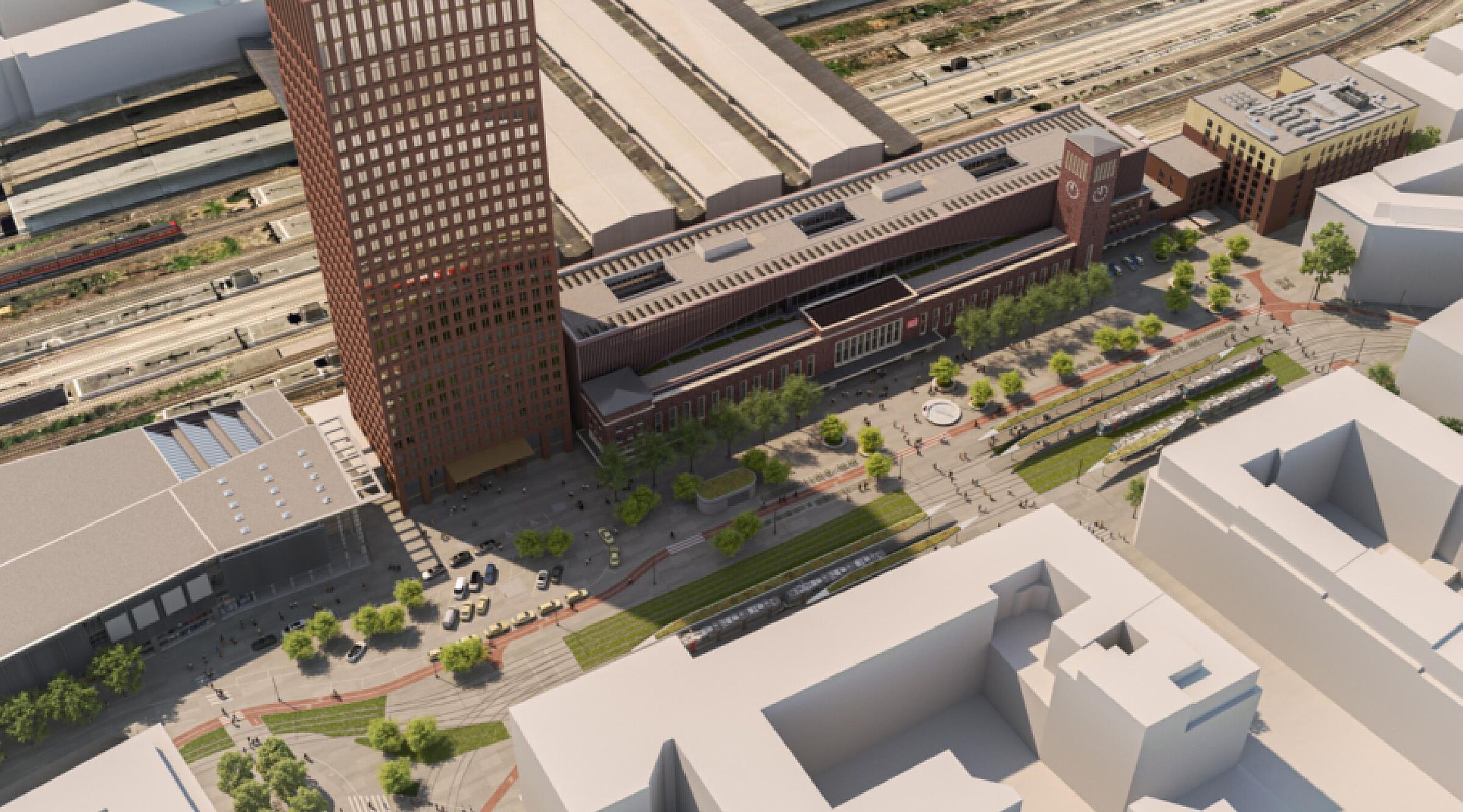 Das Bild zeigt eine Computersimulation, wie der Bahnhofsvorplatz aus der Vogelperspektive gesehen ausschaut.